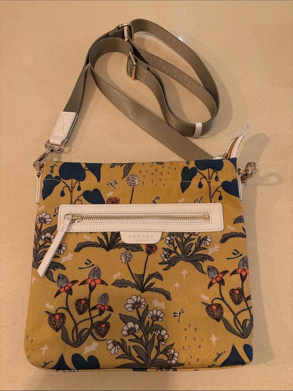 RADLEY LONDON Mustard Yellow Floral Crossbody with Olive Strap